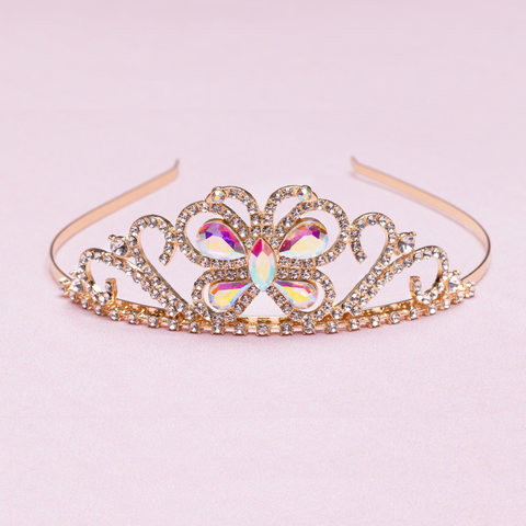 Gold princess tiara headband with iridescent butterfly crystal centerpiece and rhinestone detailing