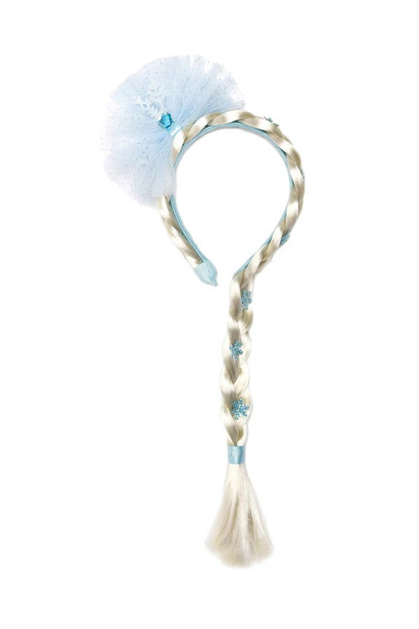 Ice Queen Princess headband with platinum blonde braid and blue snowflake decorations