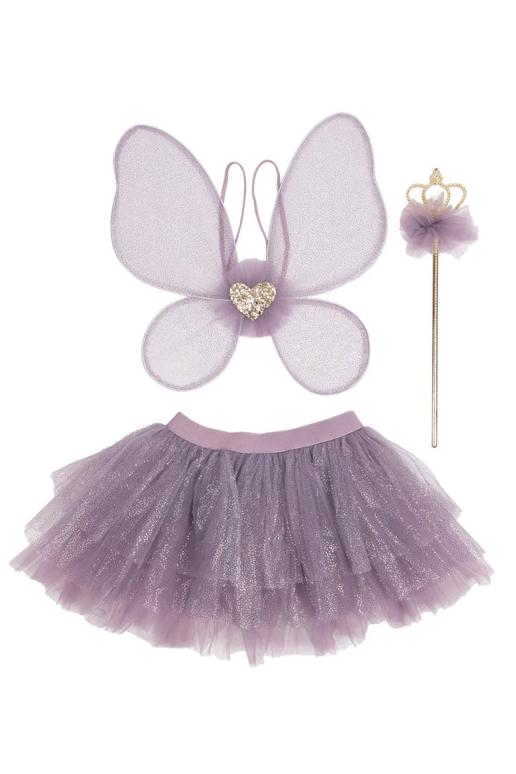 Purple fairy princess costume set with butterfly wings, tutu skirt, and gold wand