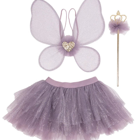 Purple fairy princess costume set with butterfly wings, tutu skirt, and gold wand