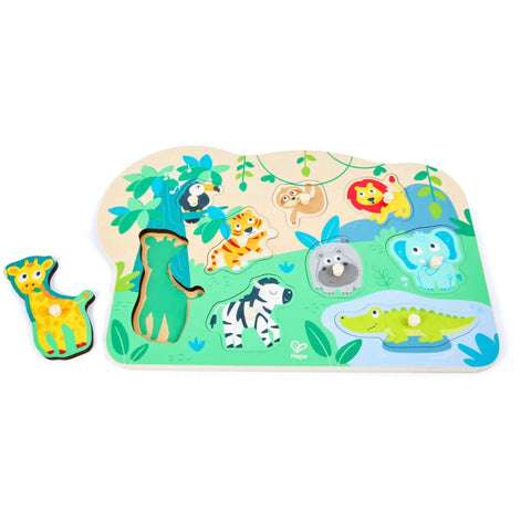 Hape Wild Animals Peg Puzzle with colorful jungle animal pieces on wooden board