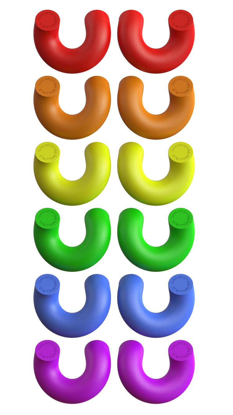 Helius 5+ sensory chew toys in six rainbow colors displayed in pairs on black background