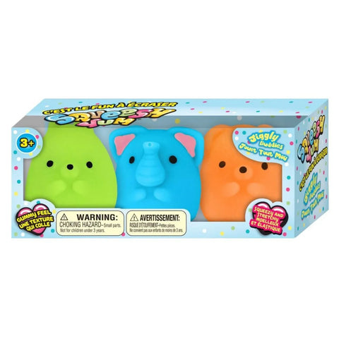 Squeezy Yum Jiggly Buddies 3-pack featuring green, blue elephant, and orange squishy animal toys