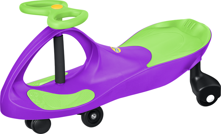 Purple and green PlasmaCar ride-on toy with black wheels on white background