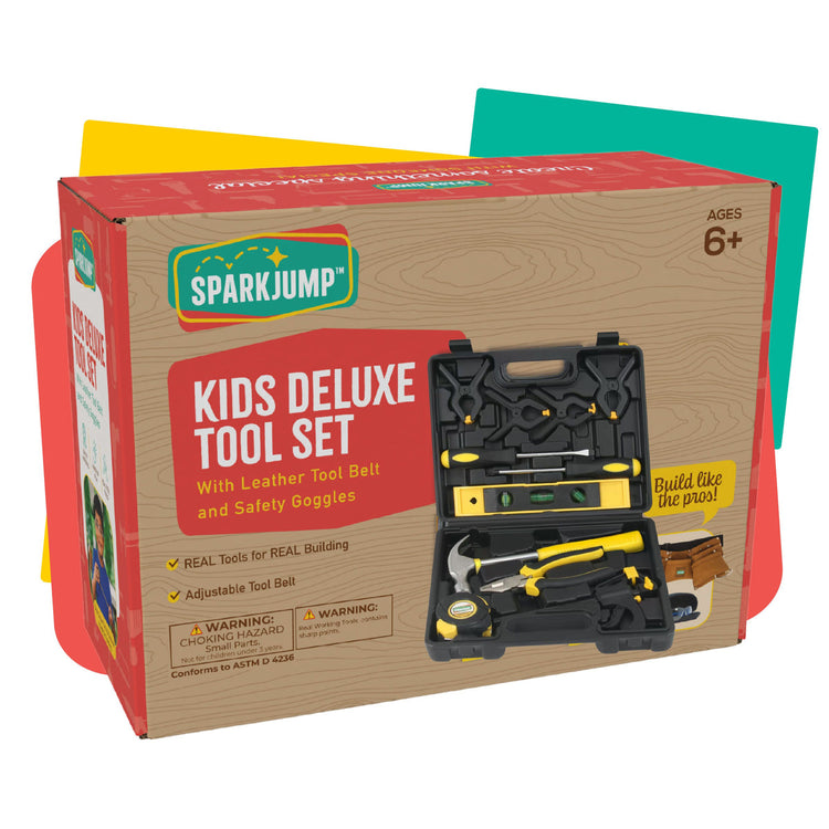 Kids Deluxe Tool Set with Leather Tool Belt & Safety Goggles 6+