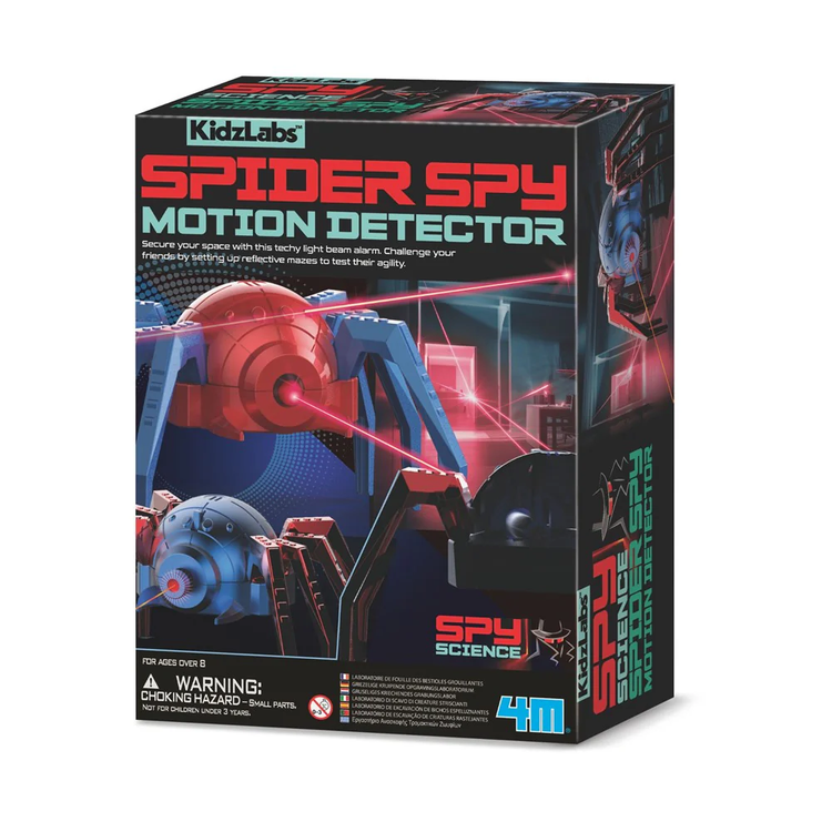 KidzLabs Spider Spy Motion Detector toy kit box featuring robotic spider with laser beams