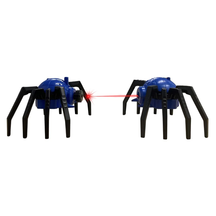 Two blue and black robotic spider toys facing each other with red laser beam between them