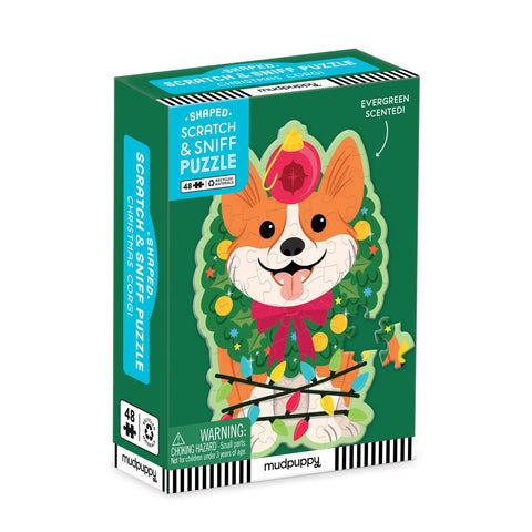 Mudpuppy 48-piece Christmas Corgi shaped scratch and sniff puzzle box with evergreen scent