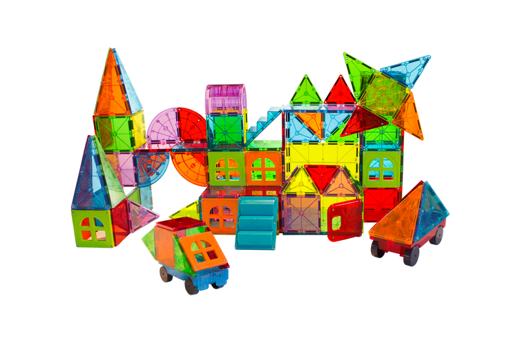 Magna-Tiles Metropolis 110-piece colorful translucent magnetic building tiles assembled into city scene