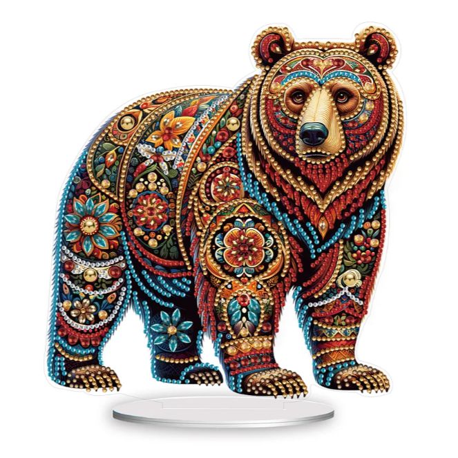 Ornate diamond painting bear tabletop decoration with intricate floral mandala patterns on acrylic stand