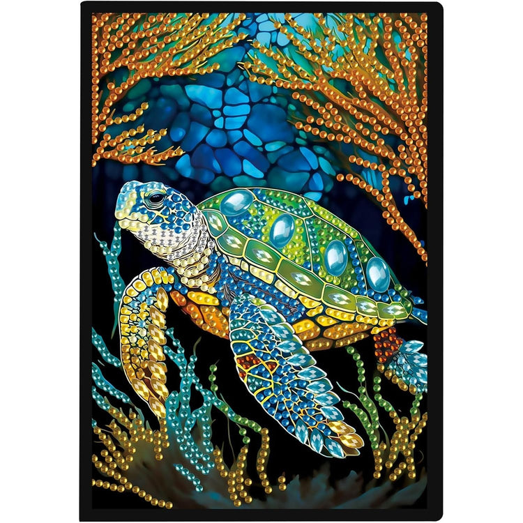 Diamond painting notebook cover featuring a jeweled sea turtle swimming among colorful coral reef
