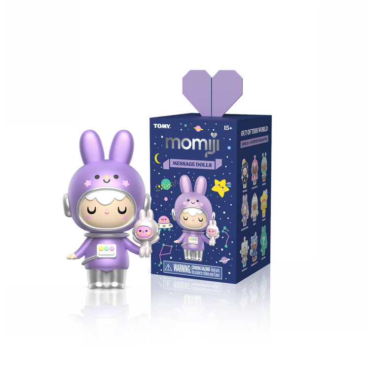 Momiji Out of This World purple astronaut bunny message doll beside its blind box packaging