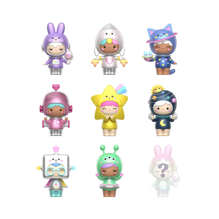 Nine kawaii space-themed Momiji blind box dolls in colorful costumes on white background