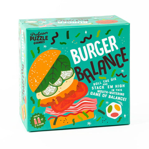 Professor Puzzle Burger Balance stacking game box featuring colorful illustrated burger on teal background