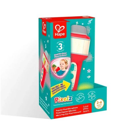 Hape Pixelz Popstar Pixel Microphone toy in red and teal packaging for ages 2-6