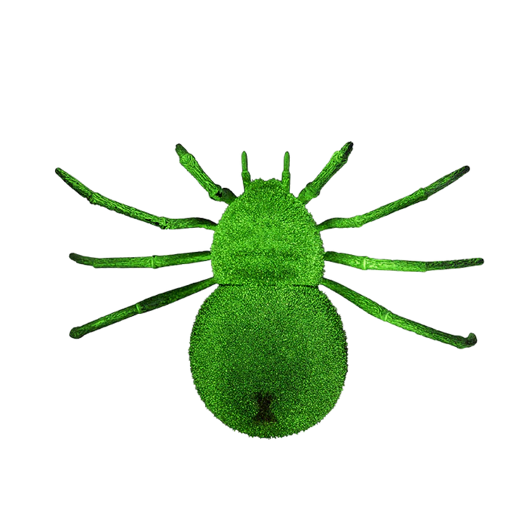 Green glow-in-the-dark realistic toy spider with eight legs on transparent background