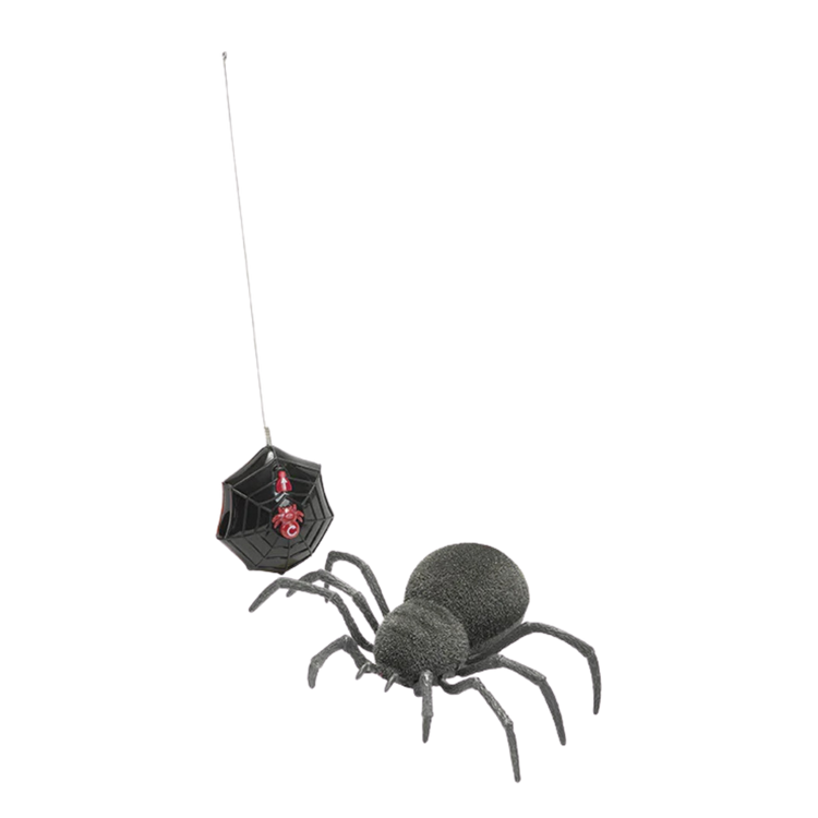 Black RC remote control spooky spider toy with web pendant hanging from silk thread