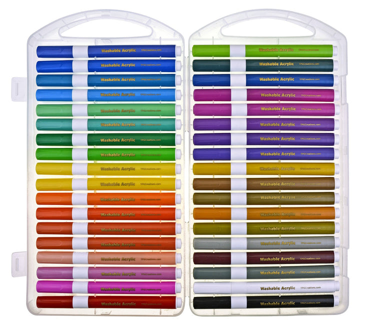 Magic Stix 36-pack washable acrylic markers displayed in open white plastic carrying case showing full color range