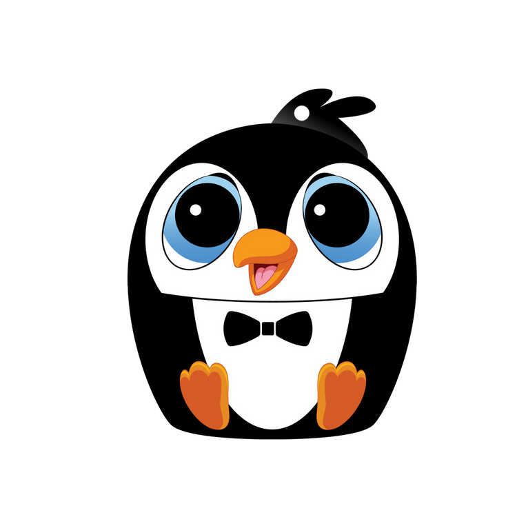 Cute cartoon penguin Bluetooth speaker with big blue eyes and black bow tie