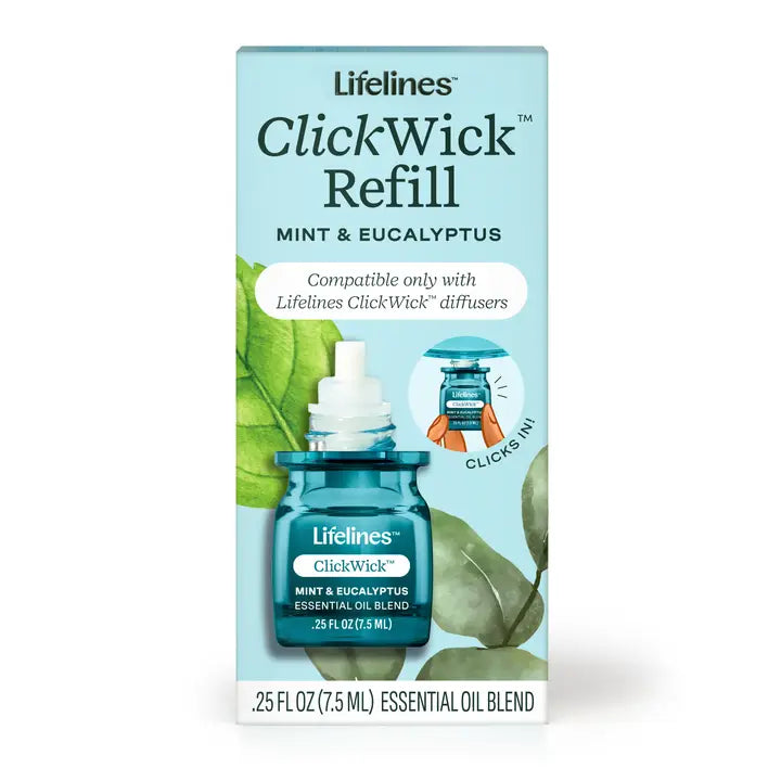 Lifelines ClickWick refill in Mint and Eucalyptus essential oil blend, 0.25 fl oz bottle
