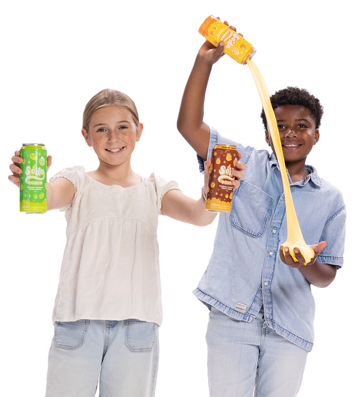 Two children smiling and playing with Soda Dough slime, holding green and brown branded cans