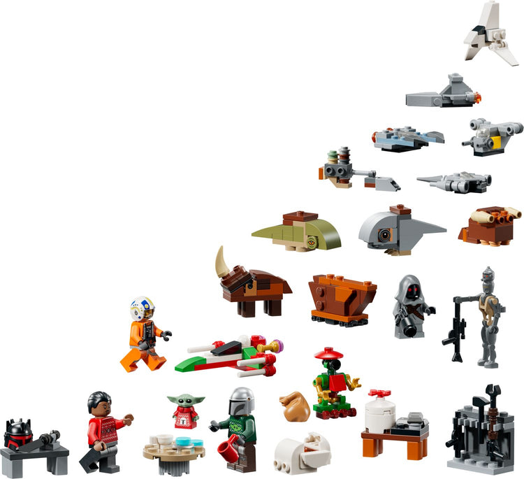 LEGO Star Wars Advent Calendar 2026 featuring 24 miniature builds including minifigures, ships, and creatures on white bac...