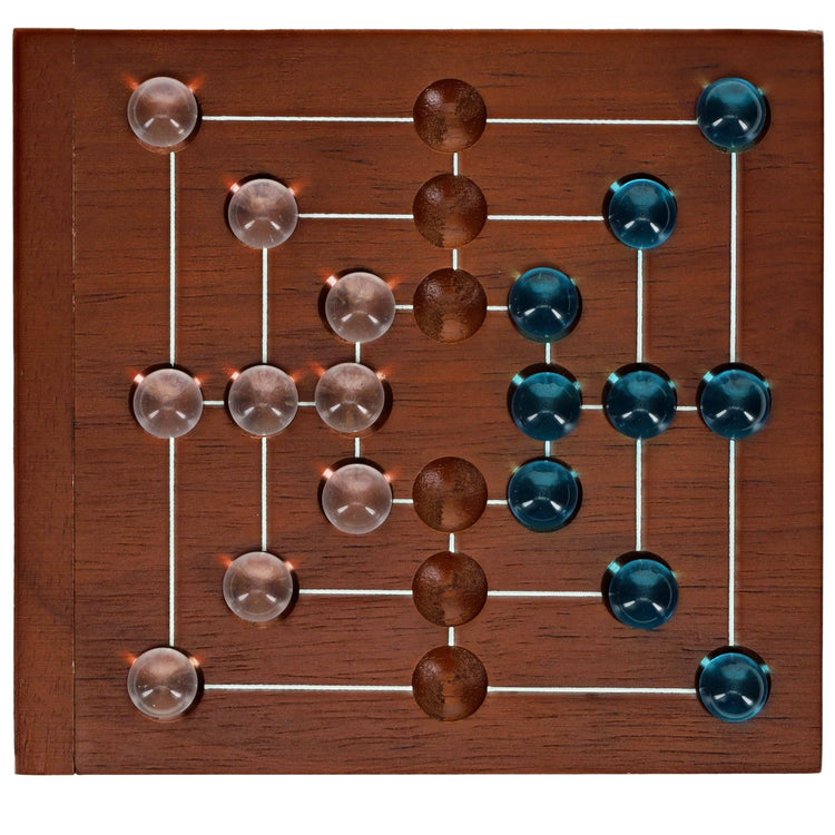 Nine Men's Morris wooden travel game board with clear and blue glass marbles on intersecting lines