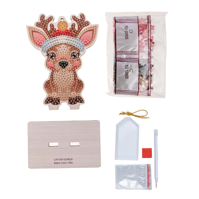 Crystal Buddies reindeer Christmas ornament kit with wooden board, gems, tools, and accessories