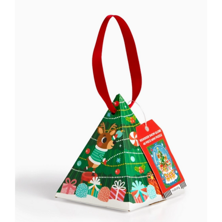 Pyramid-shaped Christmas tree gift box containing Reindeer Snow Globe 48-piece mini puzzle with red ribbon handle