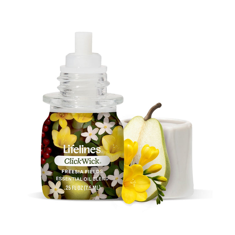 Lifelines ClickWick Freesia Fields essential oil blend refill bottle 7.5ml with yellow freesia flower and pear