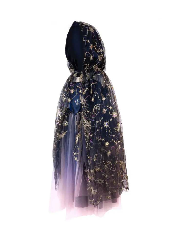 Child-sized navy hooded cloak with gold constellation embroidery and layered lavender tulle hem