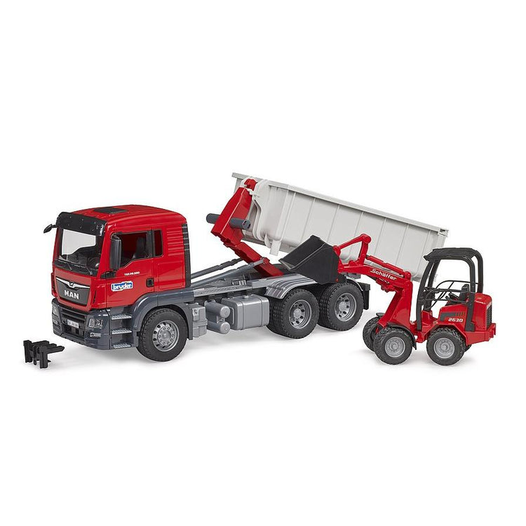 Bruder | Man Tgs Truck W Roll-Off Container W Schaeffer Compact Loader 03767