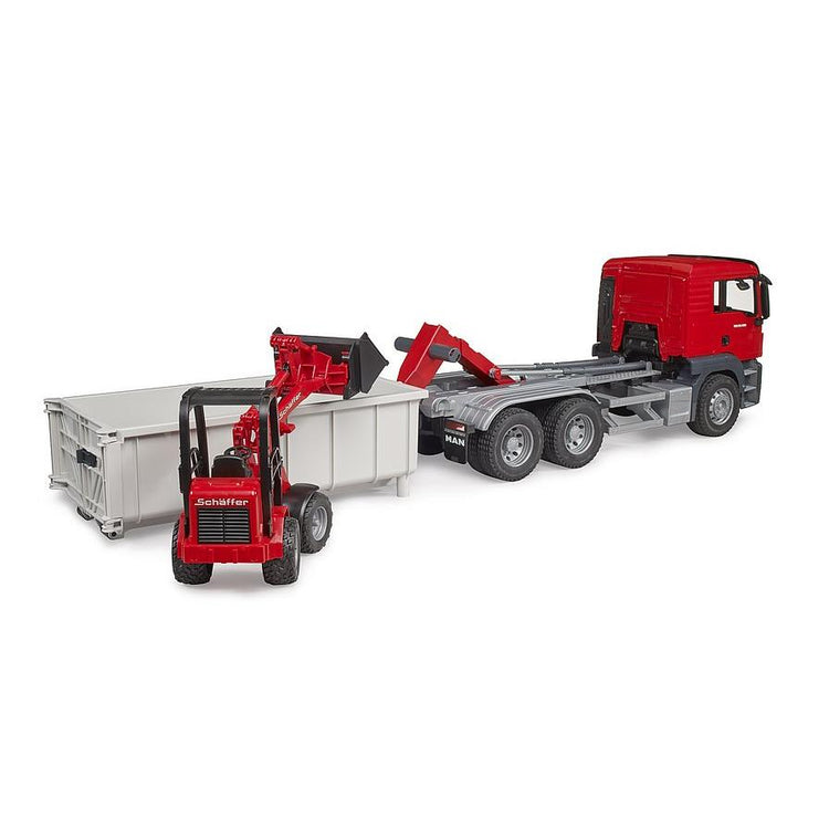 Bruder | Man Tgs Truck W Roll-Off Container W Schaeffer Compact Loader 03767