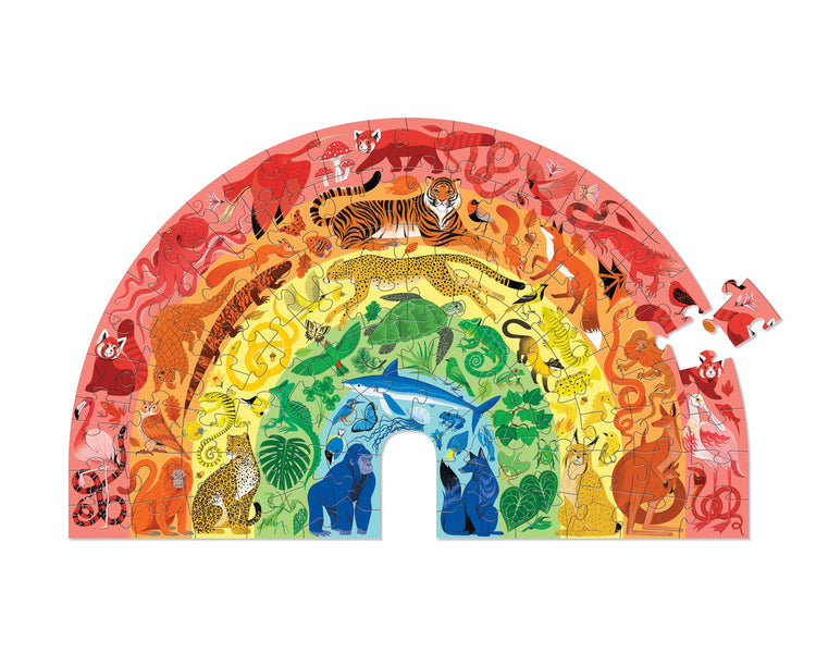 100-piece rainbow-shaped puzzle featuring colorful wildlife animals arranged by color spectrum