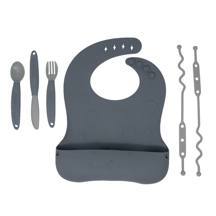 Busy Baby | Bungee Bib & Utensil Set Pewter