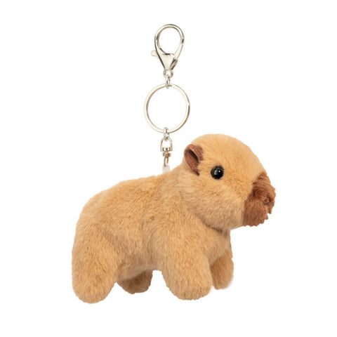 Miniature plush capybara bag charm keychain with silver lobster clasp and ring