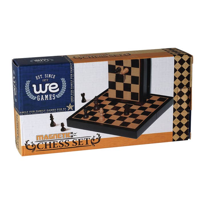 WE Games magnetic folding chess set in black stained wood with wooden pieces displayed on box packaging