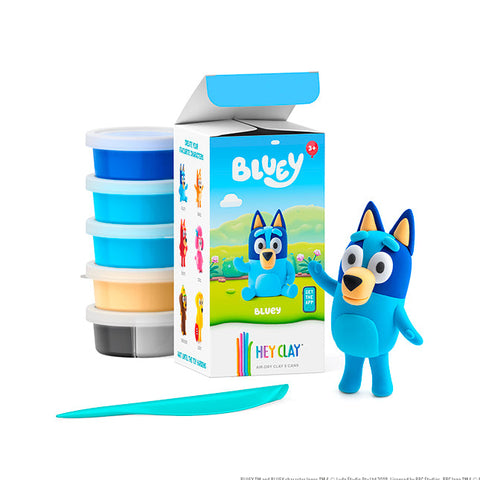 Hey Clay Bluey air dry clay set with five colored clay cans, sculpting tool, box, and finished Bluey figurine