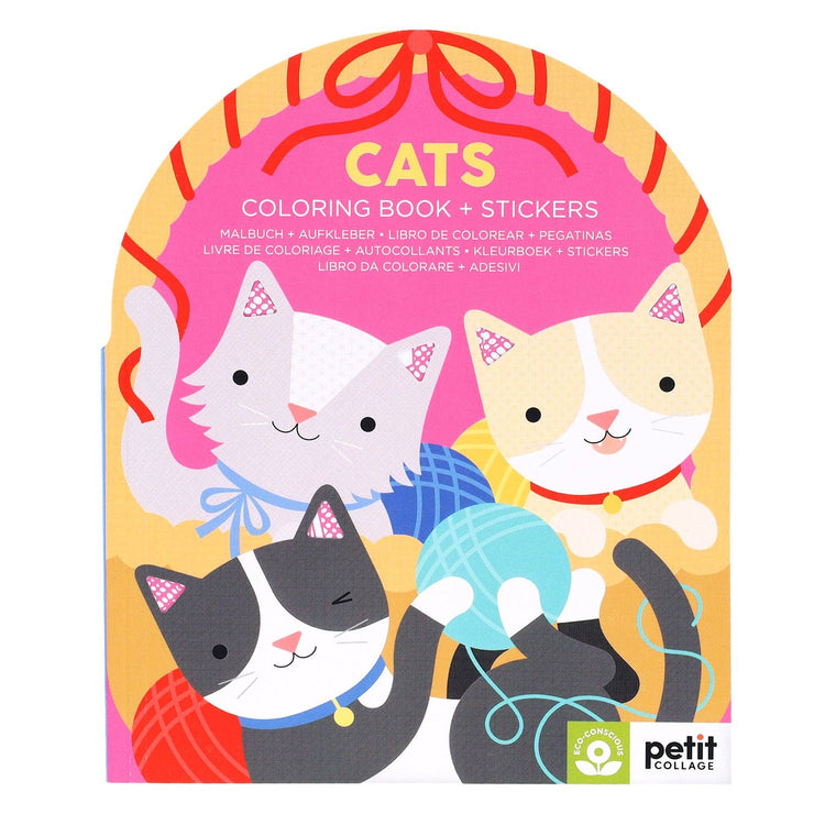 Petit Collage Cats Coloring Book with Stickers featuring illustrated kittens playing with yarn