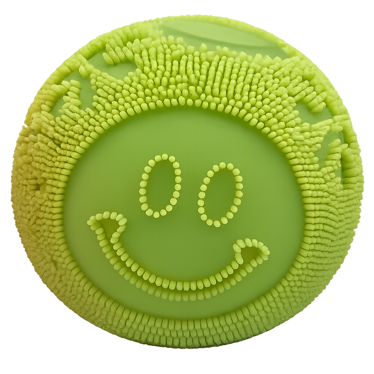 Lime green fuzzy squishy ball with smiley face and textured spiky border sensory toy