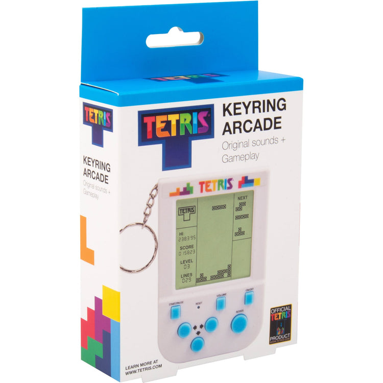 Tetris Keyring Arcade Game in blue and white retail packaging with miniature handheld device shown