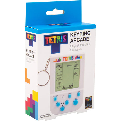 Tetris Keyring Arcade Game in blue and white retail packaging with miniature handheld device shown