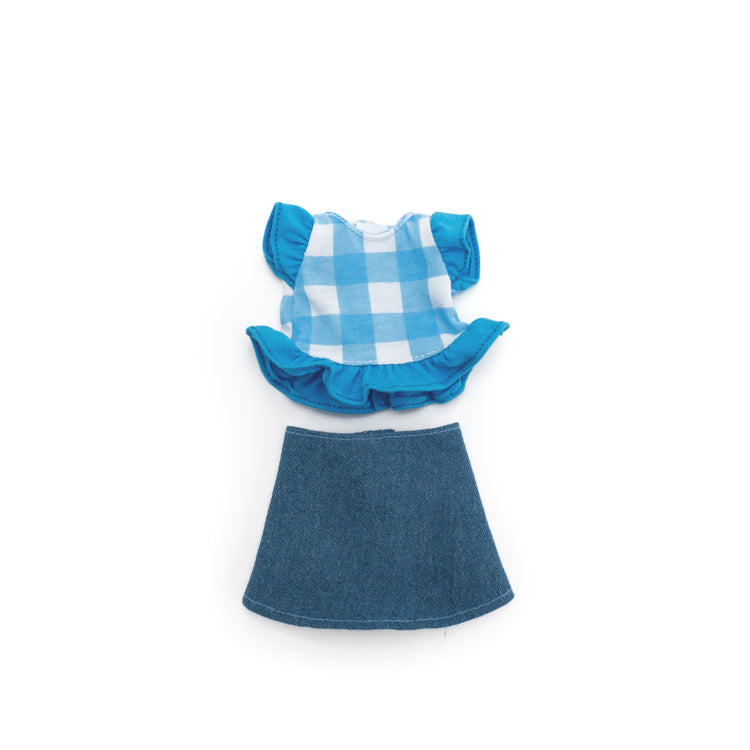Groovy Girls doll outfit with blue gingham ruffled top and denim mini skirt