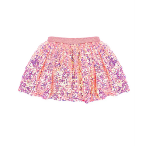 Girls' hot pink sequin skirt with iridescent multicolor shimmer and elastic waistband