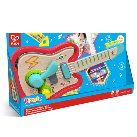 Hape Pixelz Rainbow Rock Pixel Guitar toy in red packaging for ages 3-6