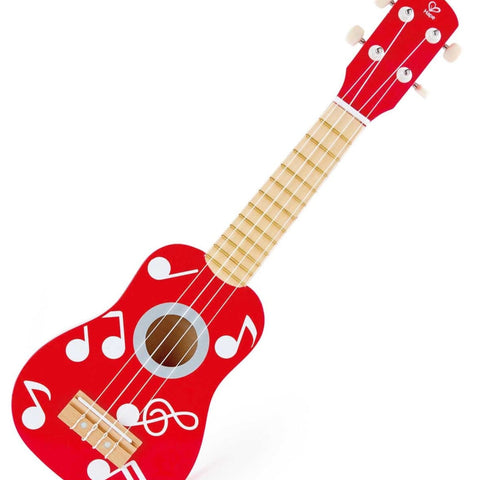 Hape red wooden toy ukulele with white musical notes and four strings for children