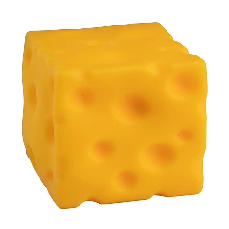 Yellow-orange cube-shaped cheese stress ball toy with dimpled texture and holes