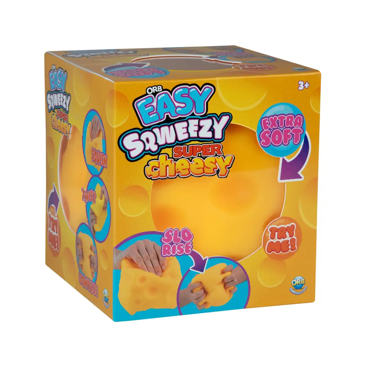 ORB Easy Sqweezy Super Cheesy squishy stress ball toy in yellow orange packaging