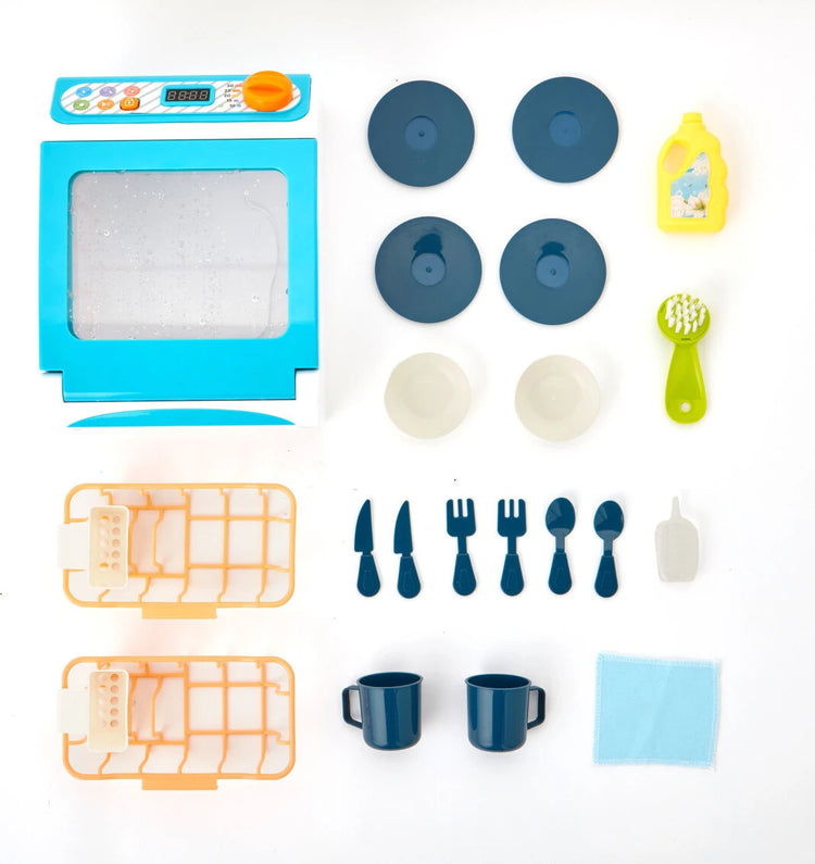 Magic Rinse toy dishwasher playset with blue appliance, plates, cutlery, cups, racks, and accessories laid out.