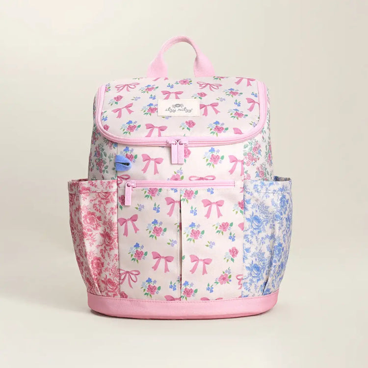 Itzy Ritzy pink floral backpack with ribbon bows and blue toile side pockets